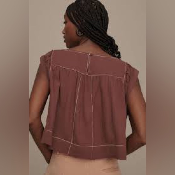 By Anthropologie Cap Sleeve Babydoll Cropped Airy Mauve Purple Cottage Blouse L - Picture 2 of 14